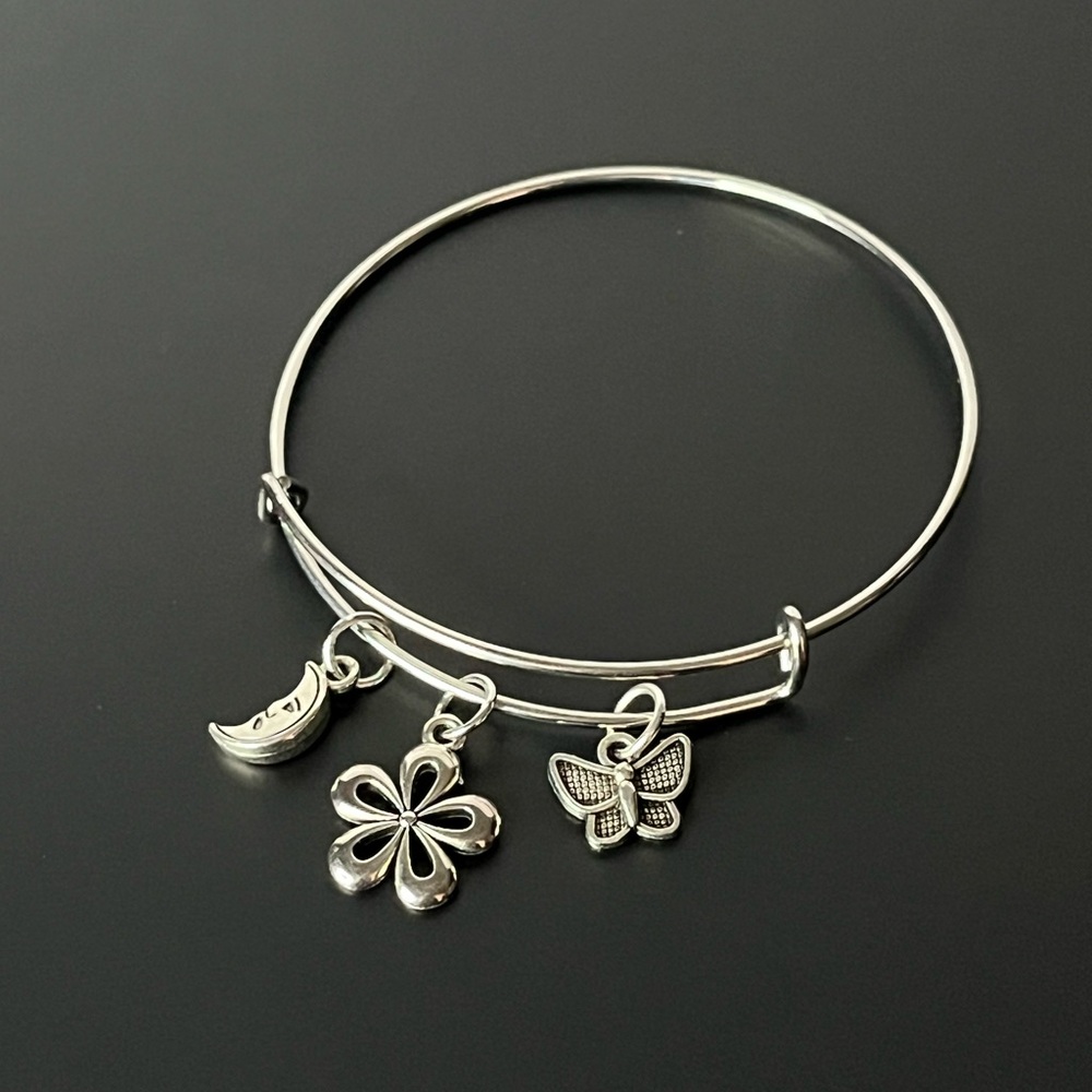 Silver Charm Bracelet with Moon, Flower, and Butterfly